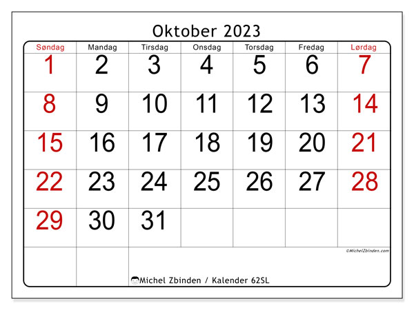 Kalender til udskrivning, oktober 2023, 62SL