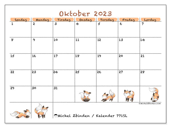 Kalender til udskrivning, oktober 2023, 771SL