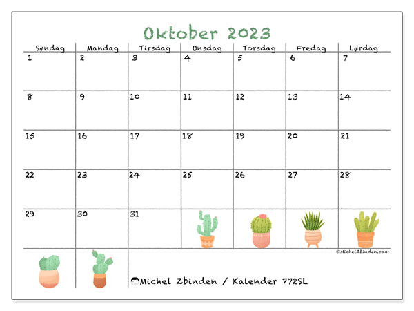 Kalender til udskrivning, oktober 2023, 772SL