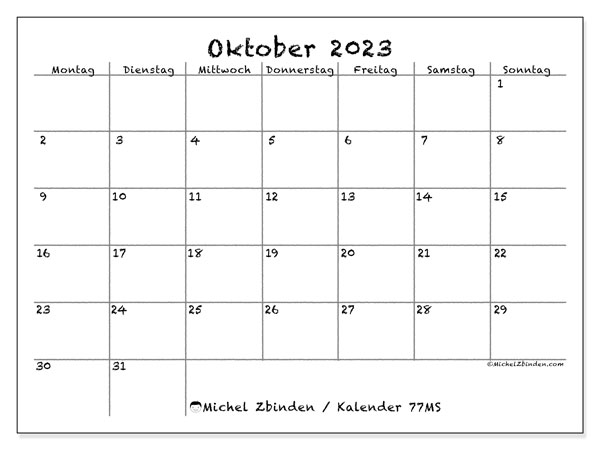 Kalender oktober 2023 “77”. Gratis program til print.. Mandag til søndag