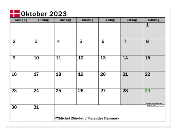 Kalender oktober 2023 “Denemarken”. Gratis afdrukbaar programma.. Maandag tot zondag