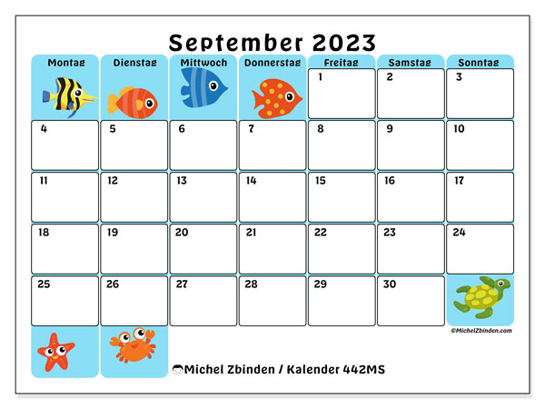 Kalender september 2023, 442MS. Gratis plan til print.