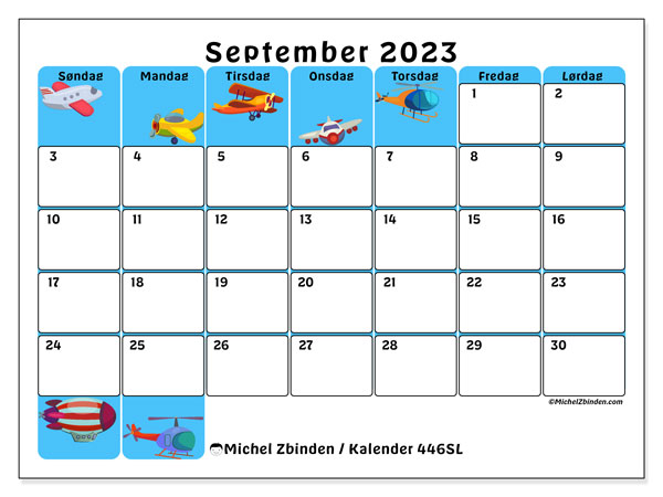 Kalender september 2023, 446SL. Gratis plan til print.