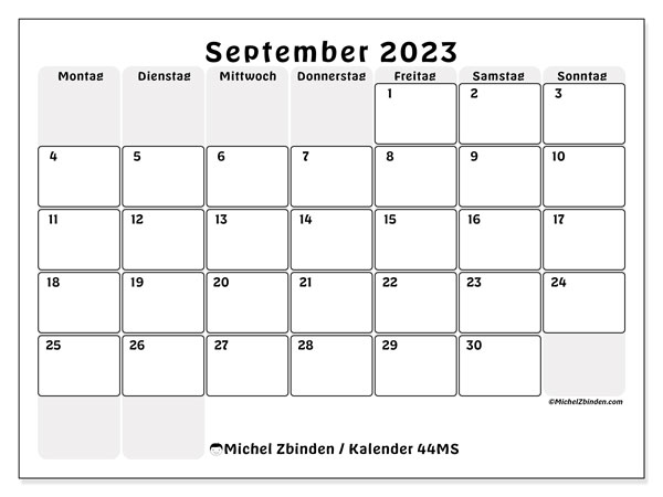 Kalender september 2023, 44MS. Gratis plan til print.