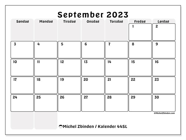 Kalender til udskrivning, september 2023, 44SL