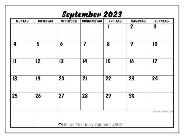 Kalender september 2023, 45MS. Gratis plan til print.