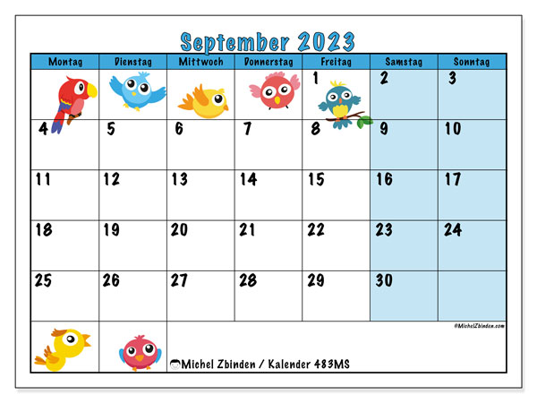 Kalender september 2023 “483”. Gratis plan til print.. Mandag til søndag