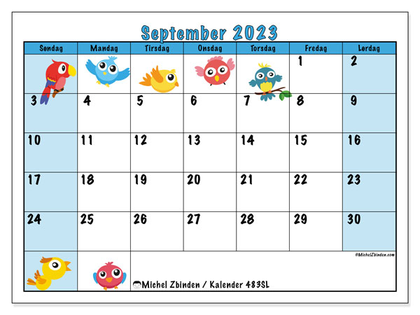 Kalender september 2023 “483”. Gratis plan til print.. Søndag til lørdag