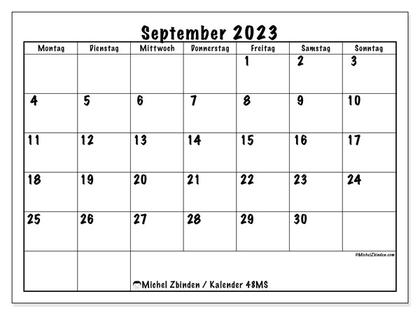 Kalender september 2023 “48”. Gratis kalender til print.. Mandag til søndag