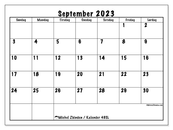 Kalender september 2023 “48”. Gratis kalender til print.. Søndag til lørdag