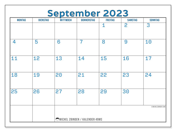 Kalender september 2023, 49MS. Gratis plan til print.