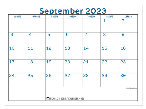 Kalender til udskrivning, september 2023, 49SL