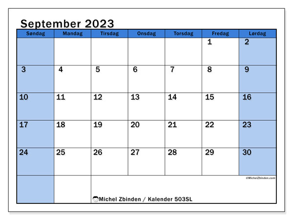Kalender september 2023 “504”. Gratis program til print.. Søndag til lørdag