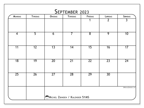Kalender til udskrivning, september 2023, 51MS