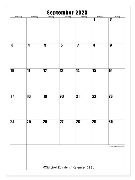 Kalender september 2023 “52”. Gratis plan til print.. Søndag til lørdag
