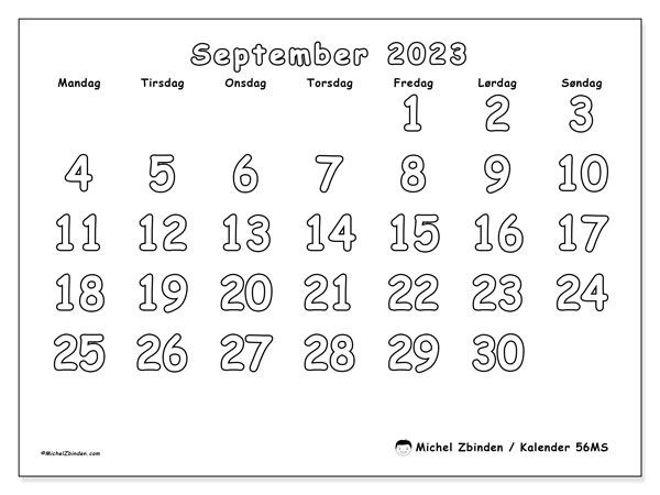 Kalender september 2023, 56MS. Gratis plan til print.