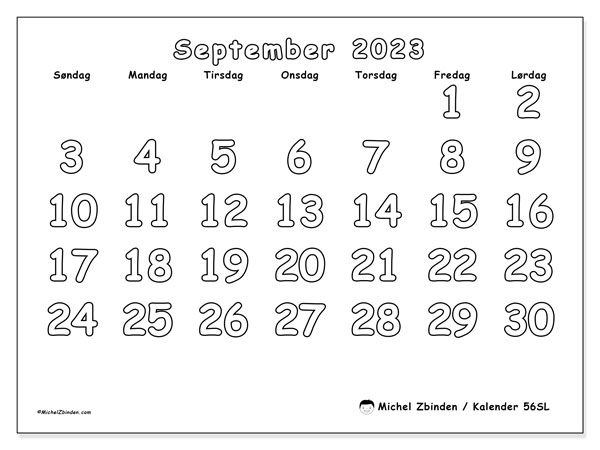 Kalender til udskrivning, september 2023, 56SL