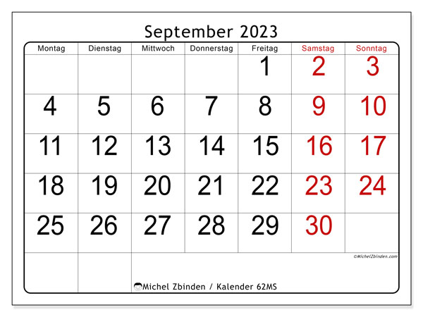 Kalender til udskrivning, september 2023, 62MS