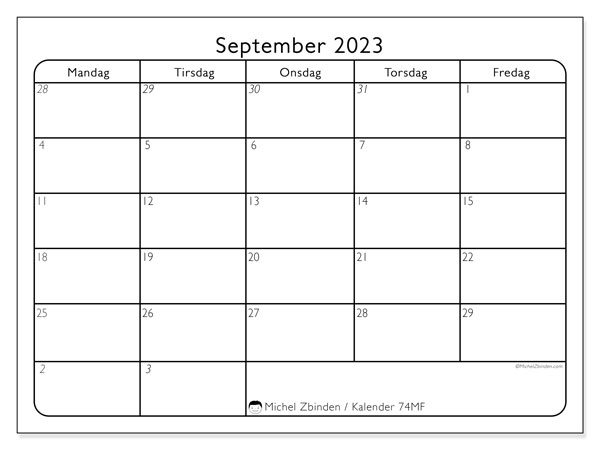Kalender til udskrivning, september 2023, 74MS