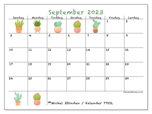 Kalender september 2023 “772”. Gratis program til print.. Søndag til lørdag