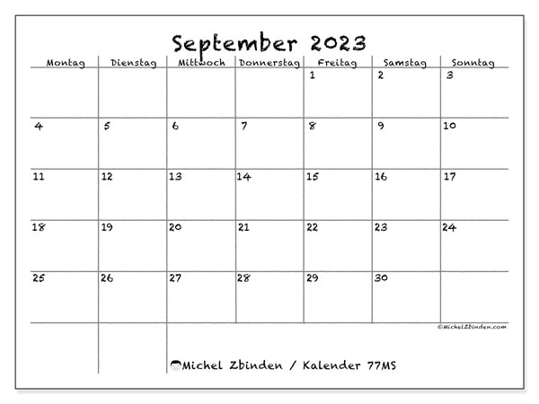 Kalender september 2023, 77MS. Gratis plan til print.