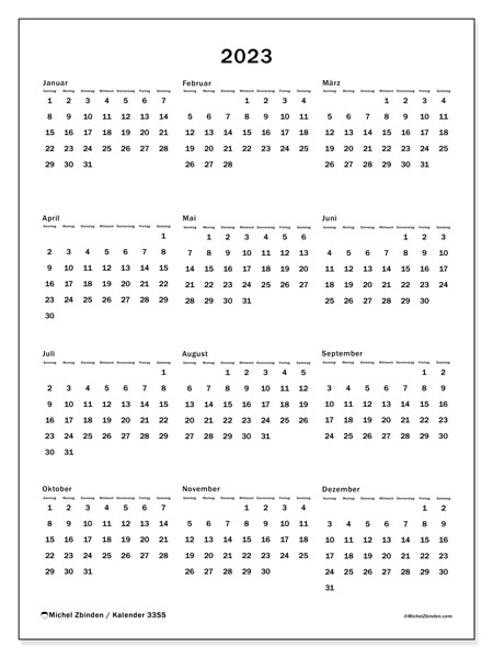 Kalender Jahrlich 2023 “33”. Plan zum Ausdrucken kostenlos.. Sonntag bis Samstag