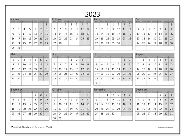 35MS-Kalender, Jährlich 2023, zum Ausdrucken, kostenlos. Kostenloser Terminplan zum Ausdrucken