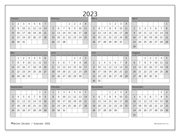 Jahreskalender 2023, 35SS. Kalender zum Ausdrucken kostenlos.