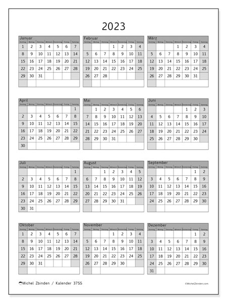 37SS-Kalender, Jährlich 2023, zum Ausdrucken, kostenlos. Kostenlos ausdruckbarer Plan