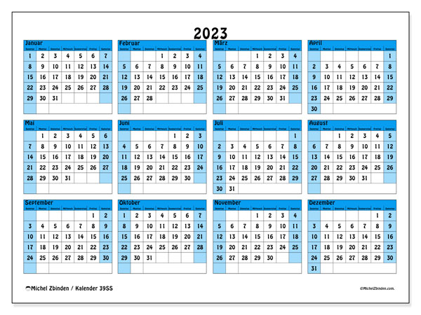 Kalender Jahrlich 2023 “39”. Kalender zum Ausdrucken kostenlos.. Sonntag bis Samstag