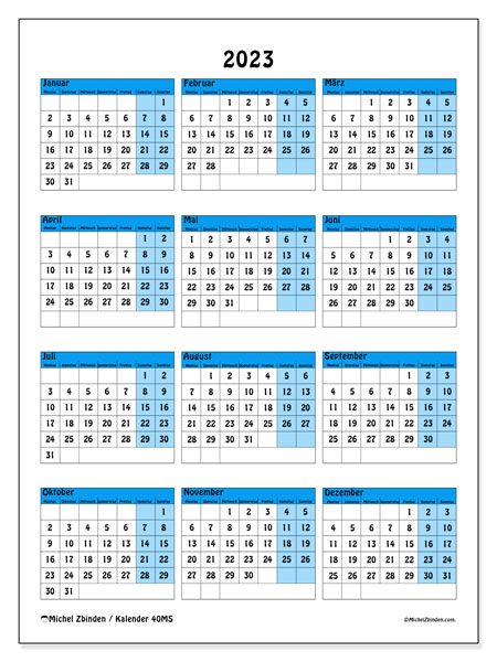 40MS-Kalender, Jährlich 2023, zum Ausdrucken, kostenlos. Kostenlos ausdruckbarer Zeitplan