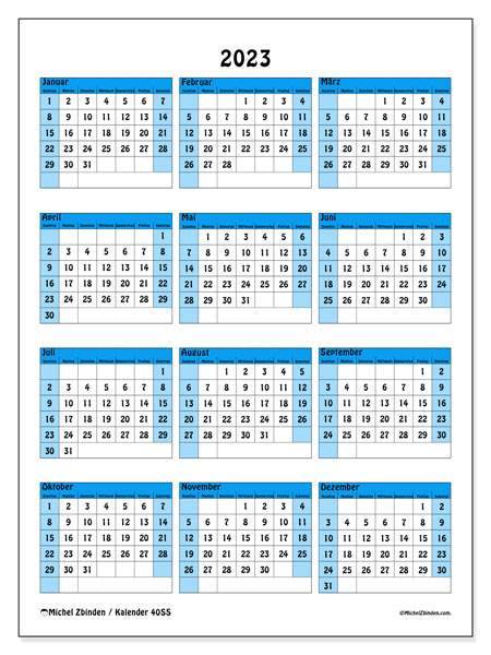 Jahreskalender 2023, 40SS. Kalender zum Ausdrucken kostenlos.