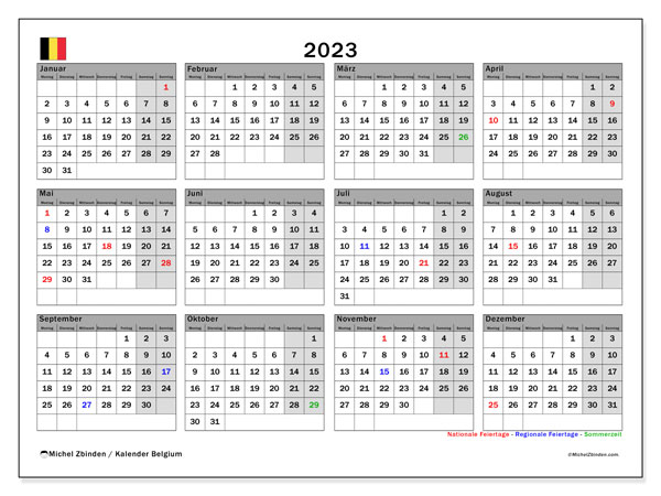 Kalender 2023, Belgien (DE). Gratis kalender som kan skrivas ut.