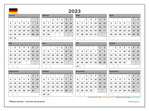 Kalendarz 2023, Niemcy (DE). Darmowy plan do druku.