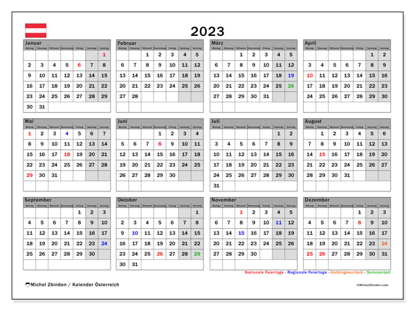 Kalender 2023, Österrike (DE). Gratis karta som kan skrivas ut.