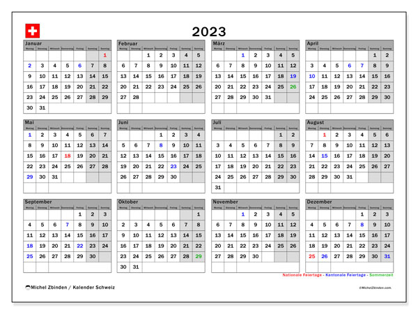 Calendrier annuels 2023, Suisse (DE), prêt à imprimer et gratuit.
