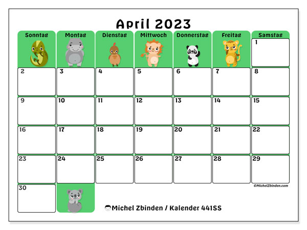 441SS-Kalender, April 2023, zum Ausdrucken, kostenlos. Kostenlos ausdruckbarer Plan