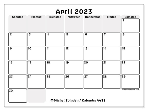 44SS-Kalender, April 2023, zum Ausdrucken, kostenlos. Stundenplan zum kostenlos ausdrucken