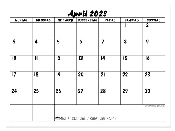 45MS-Kalender, April 2023, zum Ausdrucken, kostenlos. Kostenloser Terminkalender zum Ausdrucken