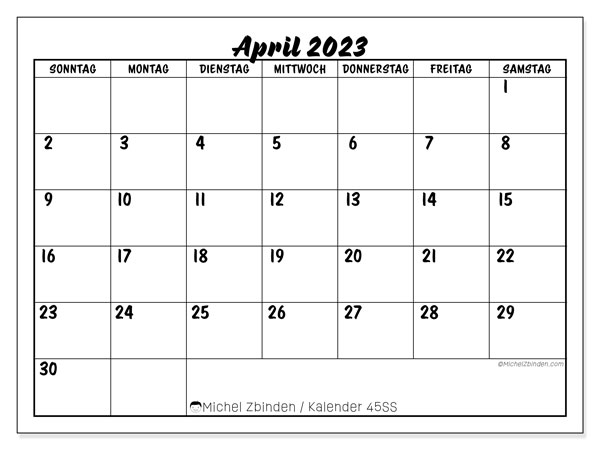 45SS-Kalender, April 2023, zum Ausdrucken, kostenlos. Kostenlos ausdruckbarer Plan