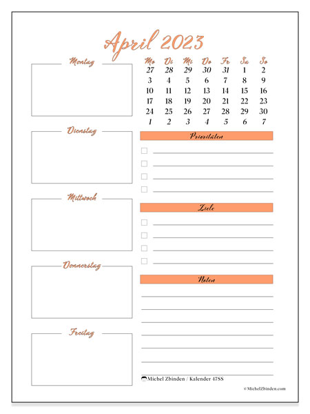 47MS-Kalender, April 2023, zum Ausdrucken, kostenlos. Kostenlos ausdruckbarer Terminkalender
