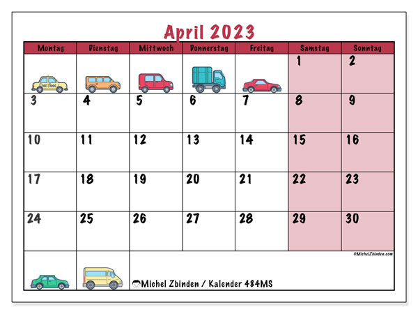 Kalender April 2023 “484”. Kalender zum Ausdrucken kostenlos.. Montag bis Sonntag