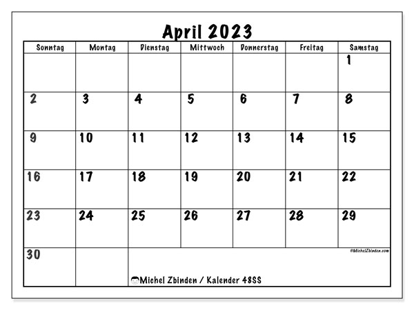 48SS-Kalender, April 2023, zum Ausdrucken, kostenlos. Kostenlos ausdruckbarer Terminkalender
