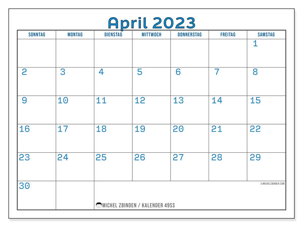 49SS-Kalender, April 2023, zum Ausdrucken, kostenlos. Terminplan zum kostenlos ausdrucken