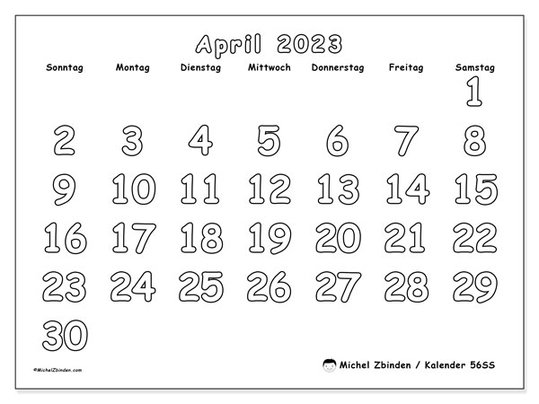 Kalender zum Ausdrucken, April 2023, 56SS