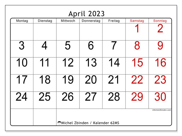 62MS, Kalender April 2023, zum Ausdrucken, kostenlos.