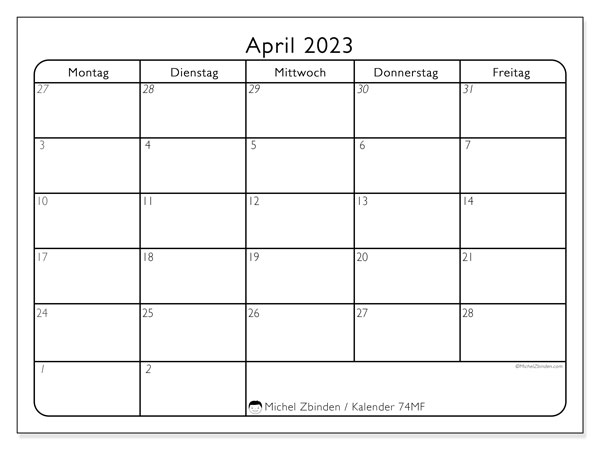 74MS-Kalender, April 2023, zum Ausdrucken, kostenlos. Kostenloser Zeitplan zum Ausdrucken