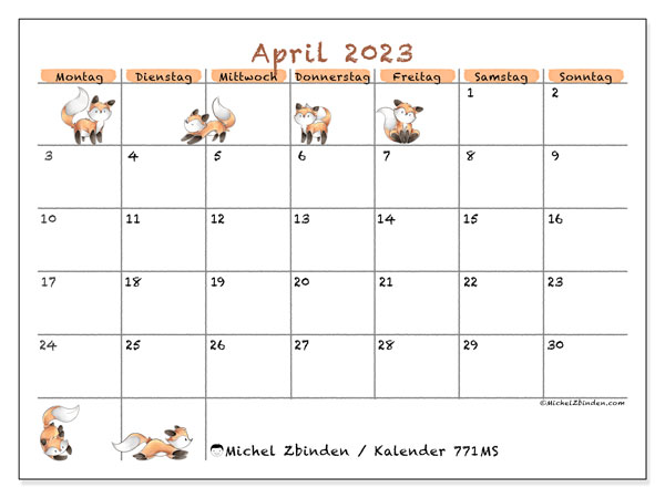 771MS, Kalender April 2023, zum Ausdrucken, kostenlos.