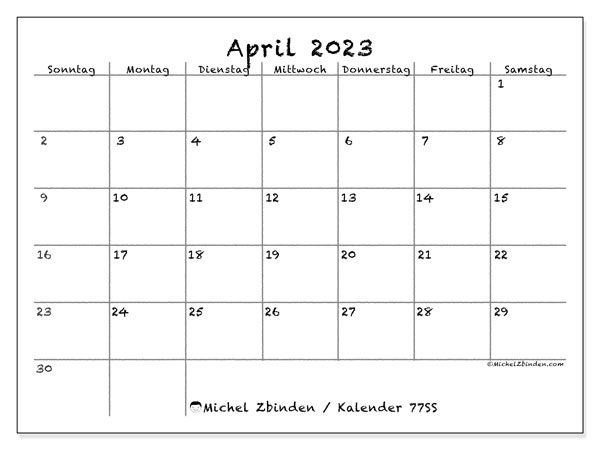 Kalender zum Ausdrucken, April 2023, 77SS