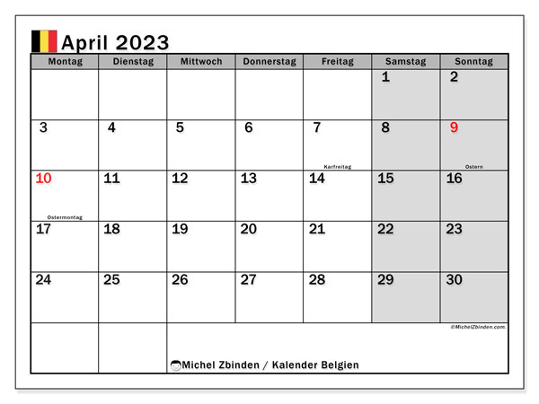 Kalender zum ausdrucken, April 2023, Belgien